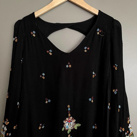 Free People Oxford Embroidered Mini Dress Black Sz Large Floral Embroidery Boho - Picture 6 of 15